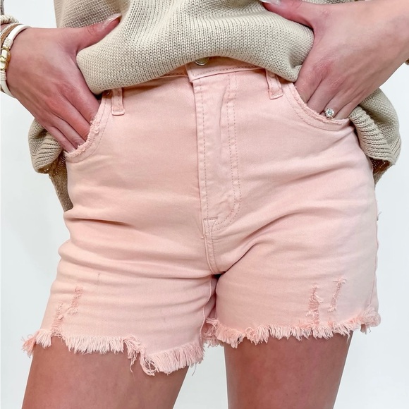 Risen High Rise Distressed Frayed Hem Denim Shorts - Picture 3 of 5